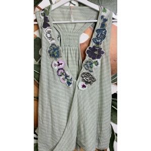 Free People Large Green Floral Embroidered Applique Surplice Racerback Tank Top